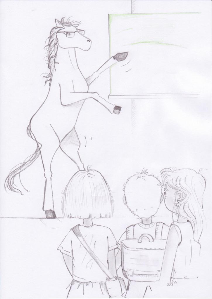 "Lehrer-Pferd" u. Kinder
Bleistift-Zeichnung

Karikatur für die Facebook-Seite einer "Pferde-Osteopathin"/Reitlehrerin